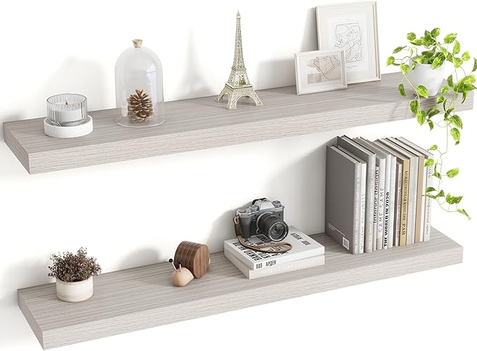 Acovy 36 Inch Floating Shelves, 8 Inch Deep Floating Shelves for Wall, Hanging Shelf with Invisible Brackets, Deep Shelves for Bathroom, Bedroom, Living Room, Grey, Set of 2