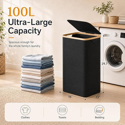 Foluck 100L Laundry Hamper with Lid Removable Bag and Bamboo Handles | Waterproof Self-locking Inner Bag, 3 Different Handles, 600D Cationic Cloth, for Dorm Bedroom Bathroom