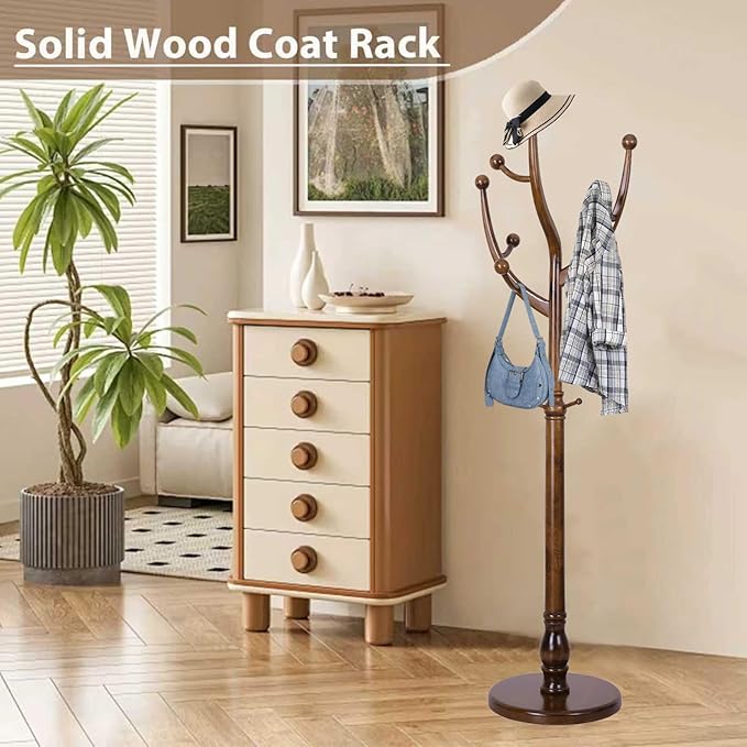 Solid Wooden Coat Rack Stand, Coat Racks Freestanding with 11 Hooks, Natural Birch Wood Coat stands with Sturdy Round Base, Tree Coat Hanger Standing for Entryway Bedroom Office (Tree Design1)