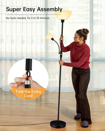 Floor Lamps for Living Room Black, 71" Tall Pole Bedroom Light, Bright Floor Lamp with Adjustable Reading Light, Simple Standing Lamp, White Plastic Lampshade, 3-Way Rotary Switch, Modern Mid-Century