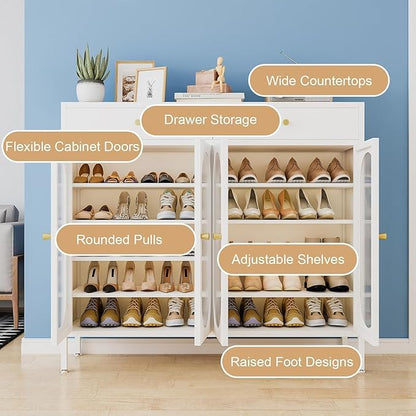 Large Shoe Storage Cabinet with 2 Drawers,7-Tier Shoe Cabinet with Adjustable Shelves and Metal Legs，46.1'' H Steel Shoes Rack Organizer Cabinet for Entryway, Hallway, Living Room