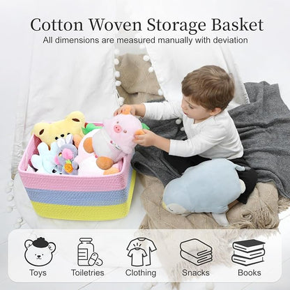 Hopegiver Rainbow Storage Baskets 15x11x9 IN, Colorful Cotton Rope Toy Storage Bins with Handles, Nursery & Kids Playroom Organizer