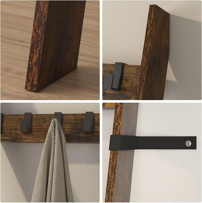 IBUYKE 5-Tier Blanket Ladder Shelf,Ladder Rack for Storage and Decor,Wooden Blanket Holder with Hooks,Easy Assembly for Bedroom,Rustic Brown TTR006H