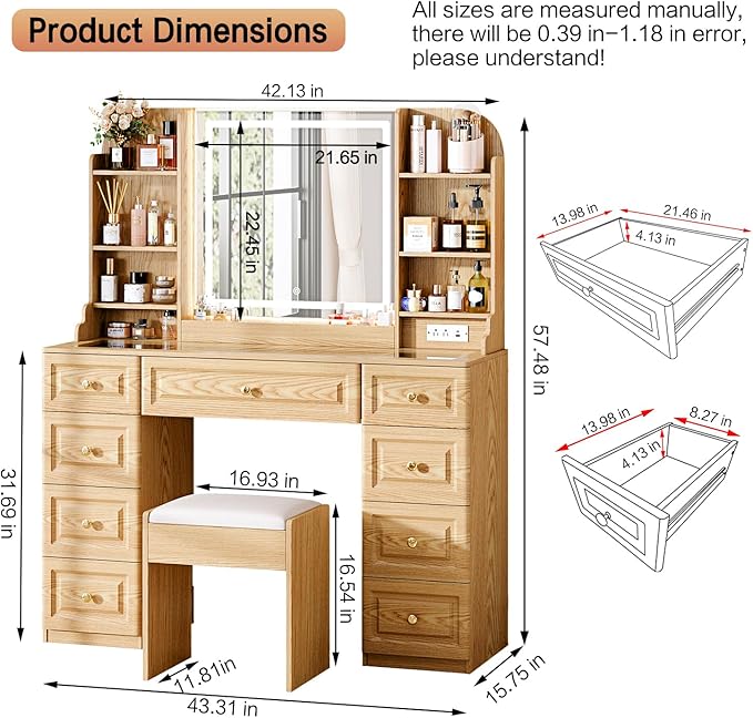 43" Makeup Vanity Desk with Mirror and Lights, & Power Outl, Glass Top Big Vanity Table with 9 Drawers& 8 Storage Shelves, Dressing Table Set with Chair for Bedroom, Wood