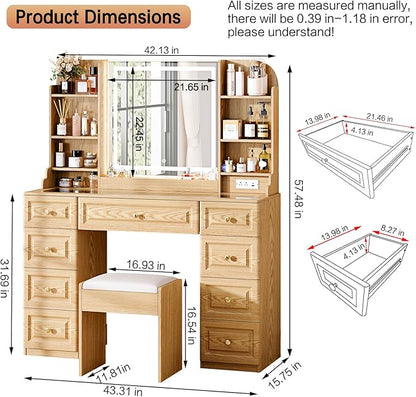 43" Makeup Vanity Desk with Mirror and Lights, & Power Outl, Glass Top Big Vanity Table with 9 Drawers& 8 Storage Shelves, Dressing Table Set with Chair for Bedroom, Wood