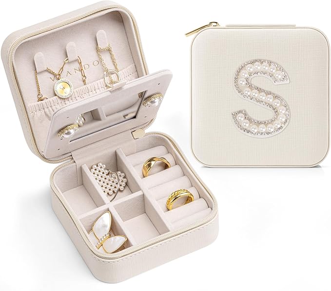Vlando Wedding Gifts for Women, Jewelry Box, Bridal Shower Gifts, Bridesmaid Gifts for Wedding Day Bride Gifts, Personalized Jewelry Case, Valentines Gift Box- Letter S, White