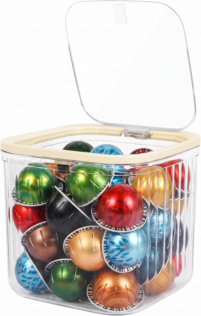 Clear Coffee Pod Holder with Lid, Coffee Pods Storage for Counter, Small Plastic Storage Bin for Nespresso & Keurig Pods, Kitchen Cabinet Organization and Pantry Food Storage Box for Countertop