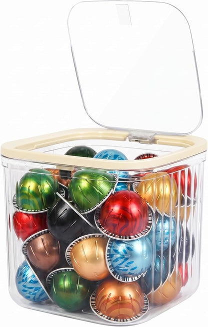 Clear Coffee Pod Holder with Lid, Coffee Pods Storage for Counter, Small Plastic Storage Bin for Nespresso & Keurig Pods, Kitchen Cabinet Organization and Pantry Food Storage Box for Countertop