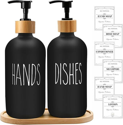 Sunrise Premium 16 OZ Thick Black Glass Soap Dispenser, Bamboo Pump with Tray 2 Pack, Hand and Dish Soap Dispenser Set for Bathroom with 6 Waterproof Labels