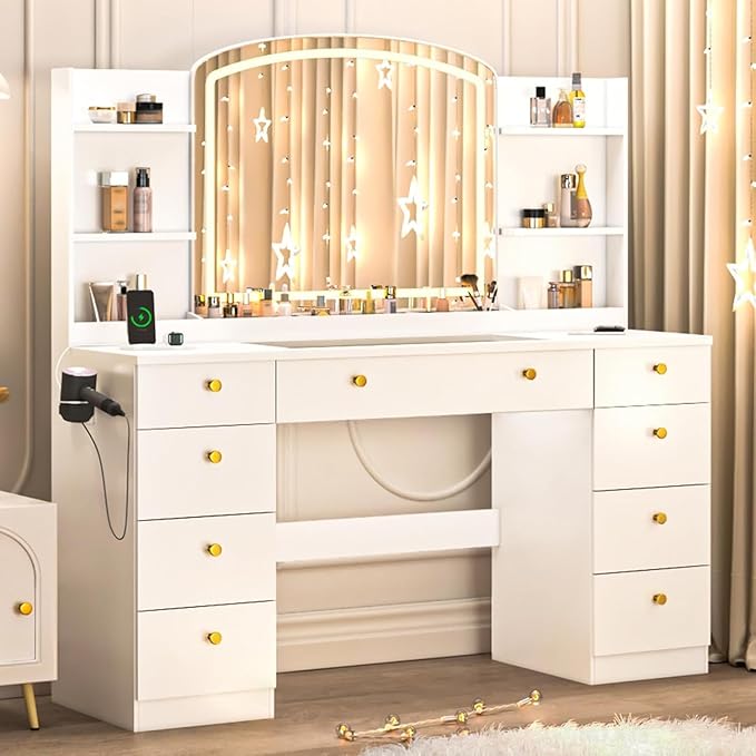 55" Vanity Desk with Mirror and Lights, Makeup Vanity with Power Outlet, White Vanity with 9 Drawers & 6 Storage Shelves for Bedroom