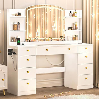 55" Vanity Desk with Mirror and Lights, Makeup Vanity with Power Outlet, White Vanity with 9 Drawers & 6 Storage Shelves for Bedroom