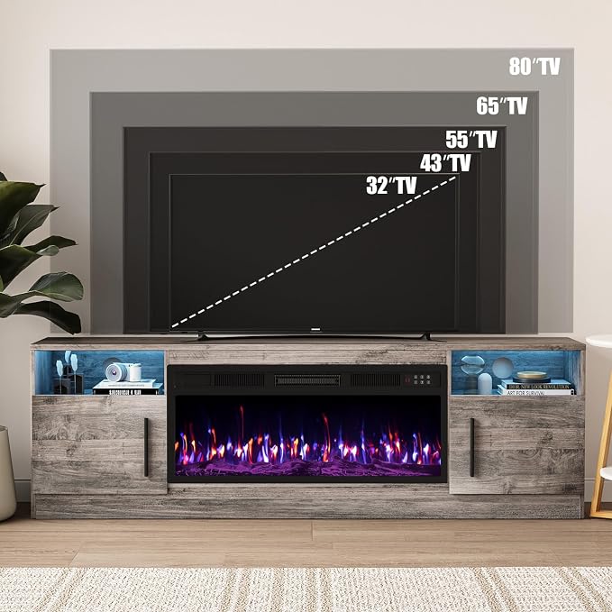 VITESSE TV Stand with 36" inch Electric Fireplace Up to 80" TVs, LED Light Entertainment Center, 70" Modern Wood High Gloss Fireplace with Highlight Storage Cabinet for Living Room (Grey)