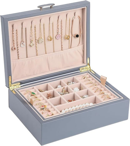 Small Jewelry Organizer for Women, 2-Layer Travel Jewelry Box with Portable Case, Necklace Ring Storage for Dresser, Girls Teens Gifts (Grey)