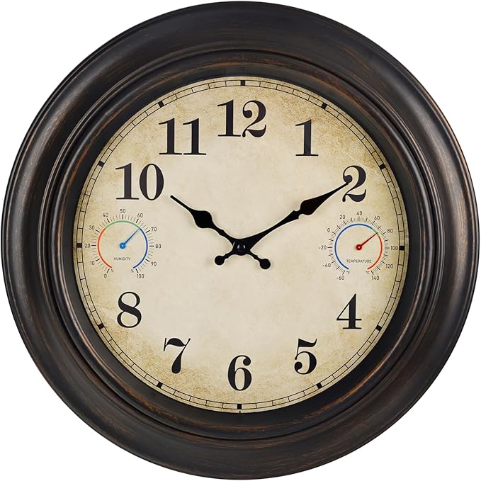 Large Outdoor Clock with Thermometer & Hygrometer – 18 Inch Bronze Vintage Farmhouse Decor Waterproof Wall Clock for Patio, Garden, Pool, Backyard