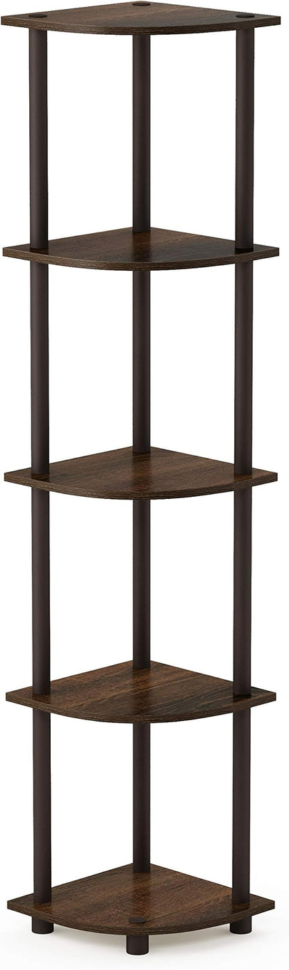 Furinno TURN-N-TUBE Corner Shelf, 5-Tier Corner Bookshelf, Open Storage Shelves, for Organization and Storage, Living Room, Home Office, Garage, Bedroom, Walnut
