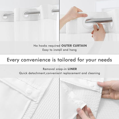 Mrs Awesome No Hook Shower Curtain with Snap-in Liner, Embossed Waffle Design Fabric Shower Curtain for Bathroom, Soft & Lightweight, 71x80, White