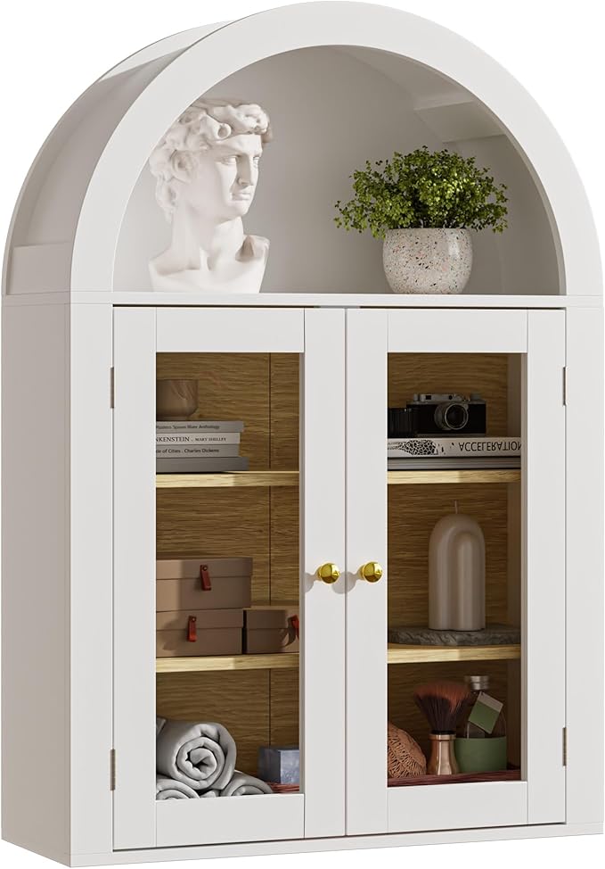 BREEZEHEAT Bathroom Medicine Cabinet Wall Mounted-Over The Toilet Storage Cabinet-Arched Wall Cabinet with Glass Doors & Adjustable Shelves for Laundry Room, Kitchen, Living Room, White