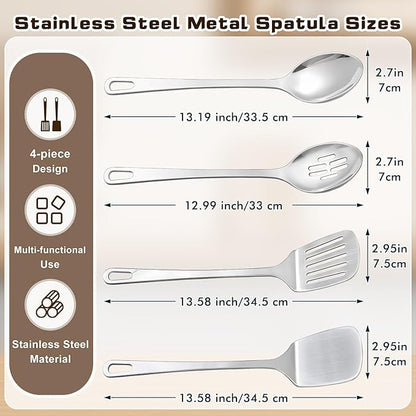 4 Pcs Cooking Utensils Set, Stainless Steel Kitchen Utensils, Heat Resistant Metal Kitchen Tools Include Slotted Turner Wok Spatula, Solid & Slotted Serving Spoon, Ladle, Easy to Clean, Silver