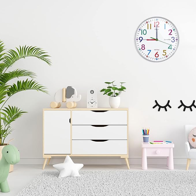 Telling Time Teaching Clock - Learning Clock for Kids - Kids Wall Clocks for Bedrooms - Kids Wall Clock- Silent Analog Kids Clock for Teaching Time ,for School Classrooms Playrooms and Kids Bedrooms