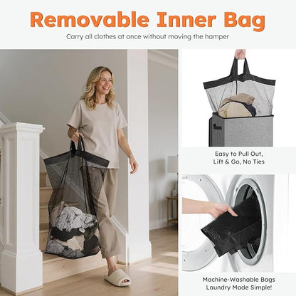 SOLEDI Laundry Hamper with Lid 100L Large & Tall Collapsible Laundry Basket, Clothes Hamper with Bag Removable Easy to Carry, Dirty Hampers for Bedroom, Bathroom, Dorm, College, Grey