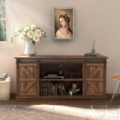 JUMMICO TV Stand for 65 Inch TV, Entertainment Center with Storage Cabinets and Sliding Barn Doors, Mid Century Modern Media TV Console Table for Living Room Bedroom (Rustic Oak)