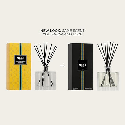 NEST New York Reed Diffuser, Amalfi Lemon & Mint - 5.9 fl oz - Fragrance for Up to 90 Days - Reusable, Refillable Glass Holder - Includes 8 All-Natural Reed Sticks - Flame Free
