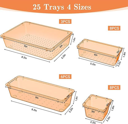 SpaceHacks 25 PCS Plastic Drawer Organizer Set, 4-Size Versatile Organizer Trays & storage Bins for Makeup, Jewelry, and Gadgets in Bathroom, Bedroom and Office,Orange