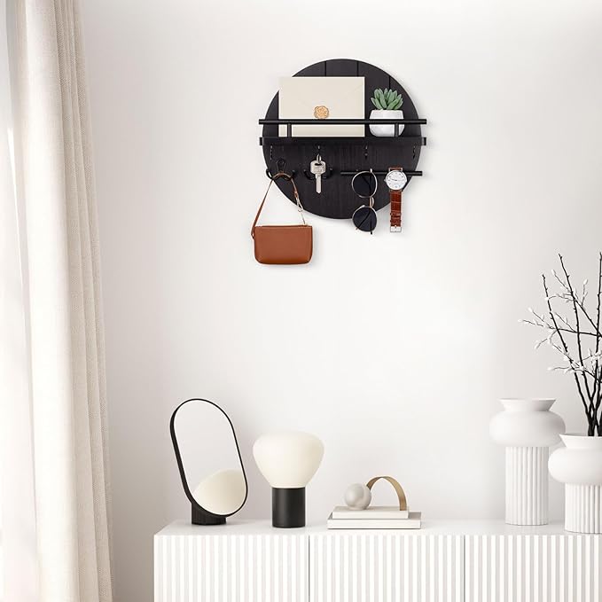 Nekon Rustic Key & Mail Organizer, Circular Wooden Key Hanger with 6 Hooks & Shelf - Wall Mount Entryway Hallway Kitchen (Black)
