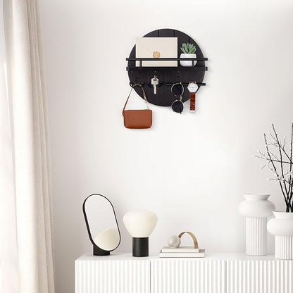 Nekon Rustic Key & Mail Organizer, Circular Wooden Key Hanger with 6 Hooks & Shelf - Wall Mount Entryway Hallway Kitchen (Black)