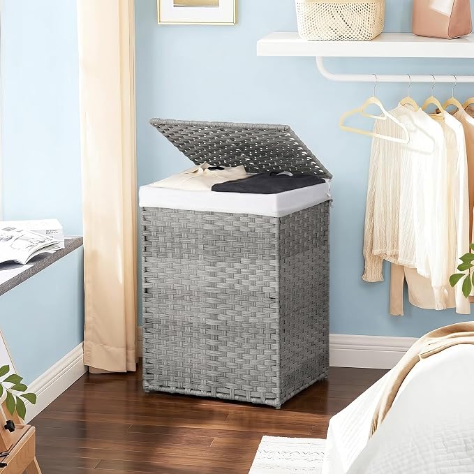 FDW Handwoven Laundry Hamper with Lid, 90L Foldable Rattan Clothes Basket with 2 Removable Liners & 6 Mesh Laundry Bags for Bathroom Bedroom, Grey