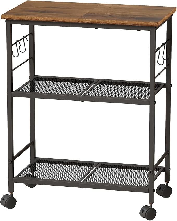 BEWISHOME Rolling Kitchen Cart 3 Tier, Microwave Kitchen Cart with Storage Function, Practical Roller Cart with 4 Locking Wheels for Kitchen, Living Room, Bathroom, Office, Bar (Brown) 99ZCC01H