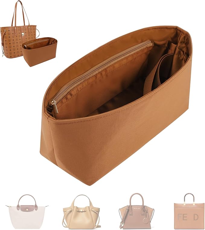 Purse Organizer Insert, Satin Tote Bag Organizer with 8 Sizes, Handbag Dividers for Inside Purse, Compatible with Longchamp, Neverful, 25C Hobo and More Bags（Large,Brown）
