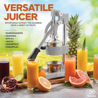 Eurolux Ultra-Premium Cast Iron Juicer | Extra-Large, Heavy Duty, Commercial Grade, Stainless Steel Manual Hand Press Citrus Squeezer For Fresh Orange Juice, Pomegranate, Lemon, and Much More (Gray)