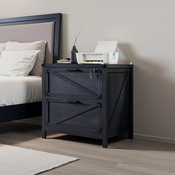 JXQTLINGMU 2 Drawer Nightstand, 31" Wood Lateral Filing Cabinet with Lock for Home Office, Compatible Legal Letter/A4/F4,Sturdy and Solid Storage Furniture,Black