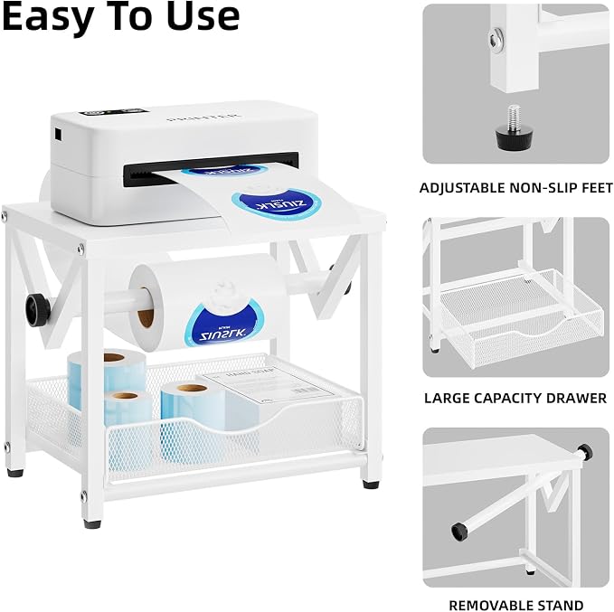 Marbrasse Label Holder for Rolls and Fanfold Labels, Metal Thermal Label Printer Holder with Drawer, Shipping Label Stand, Sticker Roll Holder for Home, Office, Small Business,White