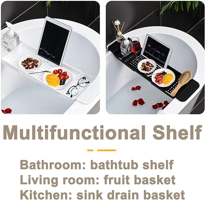 Expandable Drain Bath Shelf Caddy Tray, Multifunctional Plastic Bathtub Tray Bathroom Organizer Simple Stylish Bathtub Storage Rack for Candle Towel, Book, Wine, Phone, Shower (Grey - 1pcs)