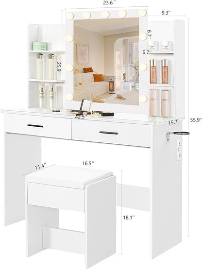 KAMABOKO Vanity Desk with Mirror, LED Lights and Power Outlet, Makeup Vanity Table with Glass Display Cabinet and 4 Drawers, Dressing Table with Stools for Bedroom (010 White)