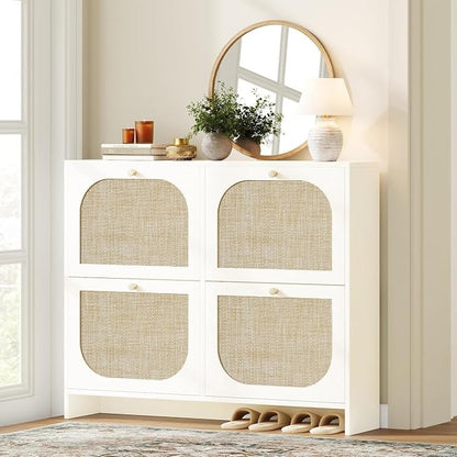 Nicetree Freestanding Ultra Slim Arched Rattan Accent Shoe Storage Cabinet for Entryway - 4 Flip Drawers & 3-Tier Adjustable Shelves, Farmhouse Modern Rustic Shoe Rack for Hallway Foyer,Cloud White