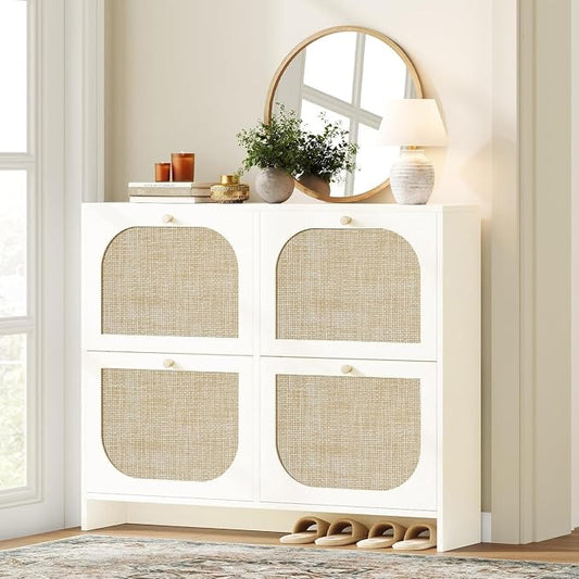 Nicetree Freestanding Ultra Slim Arched Rattan Accent Shoe Storage Cabinet for Entryway - 4 Flip Drawers & 3-Tier Adjustable Shelves, Farmhouse Modern Rustic Shoe Rack for Hallway Foyer,Cloud White