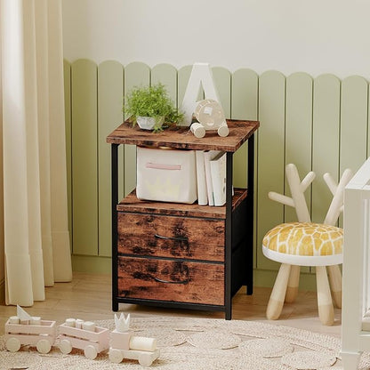Fixwal Night Stand with Charger Station, Nightstand with Charging Station & Fabric Drawers，Rustic Brown