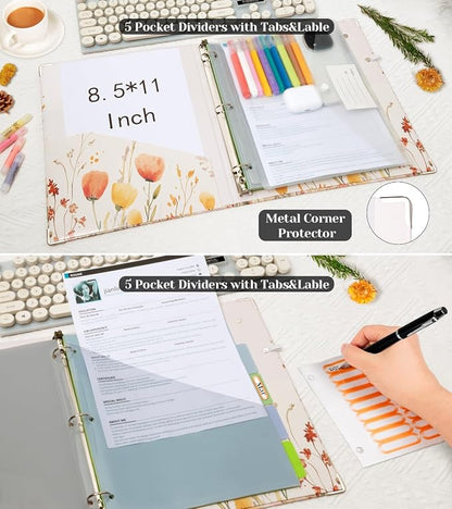 3 Ring 1 Inch Binder Organizer, BVSSX Three Ring Binders with Clipboard, 5-Tabs Pockets Dividers, Plastic Folder, 18 Divider Stikers,Pen Loop (Weeds, Letter Size)