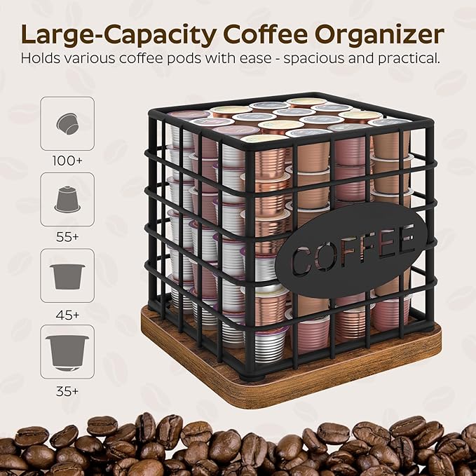 YATINEY Coffee Pod Holder for K Cup, Large Capacity Coffee Pod Organizer, Versatile Coffee Capsule Storage Basket with Wooden Base, Rustic Brown KH10BR