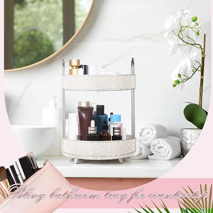 Honeydak 360 Rotating Perfume Organizer Gift for Women, Rhinestone Preppy Skincare Organizer Bathroom Counter Makeup Holder Skincare and Perfume Storage for Cosmetic(2 Tiers,Pearl,White)