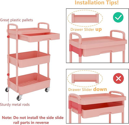 Calmootey 3-Tier Rolling Utility Cart with Drawer,Multifunctional Storage Organizer with Plastic Shelf & Metal Wheel,Storage Cart for Kitchen,Bathroom,Living Room,Office,Pink