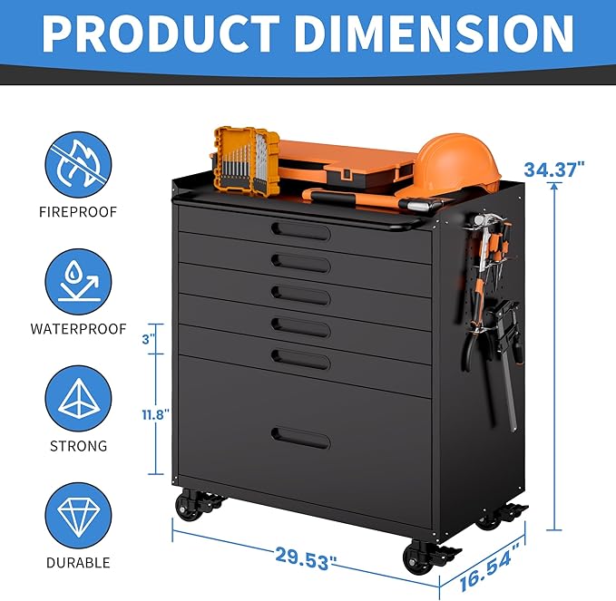 Metal Garage Storage Cabinet with Wheels, Rolling Tool Cabinet with 6 Drawers, Heavy Duty Tool Cabinet with Workbench, Assembly Required, Black