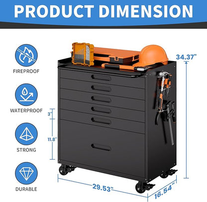 Metal Garage Storage Cabinet with Wheels, Rolling Tool Cabinet with 6 Drawers, Heavy Duty Tool Cabinet with Workbench, Assembly Required, Black