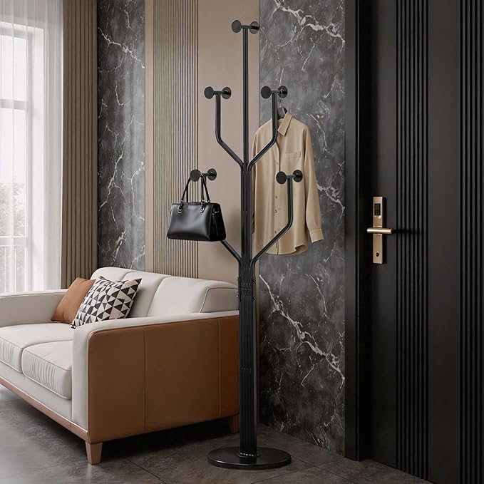 Coat Rack Freestanding with 10 Hooks, Metal Coat Rack Stand, Heavy Duty Standing Coat Tree with Sturdy Round Base for Clothes, Hat, Jacket/Entryway, Hallway, Bedroom, Black