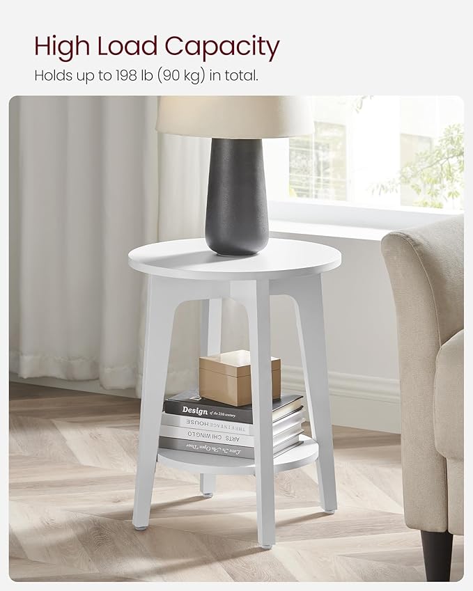 VASAGLE MAEZO Collection - Side Table, 2-Tier Small Round End Table, Nightstand with Tapered Legs, Curved Transitions, for Small Spaces, Living Room, Bedroom, Cloud White ULET283T14 | Lower Shelf, Small Spaces, Living Room, Bedroom