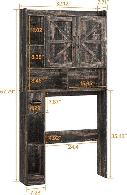 Over The Toilet Storage Cabinet, Farmhouse Storage Cabinet Over Toilet with 2 Barn Doors & Toilet Paper Holder Stand，Home Space-Saving Toilet Rack, for Bathroom, Restroom, Laundry