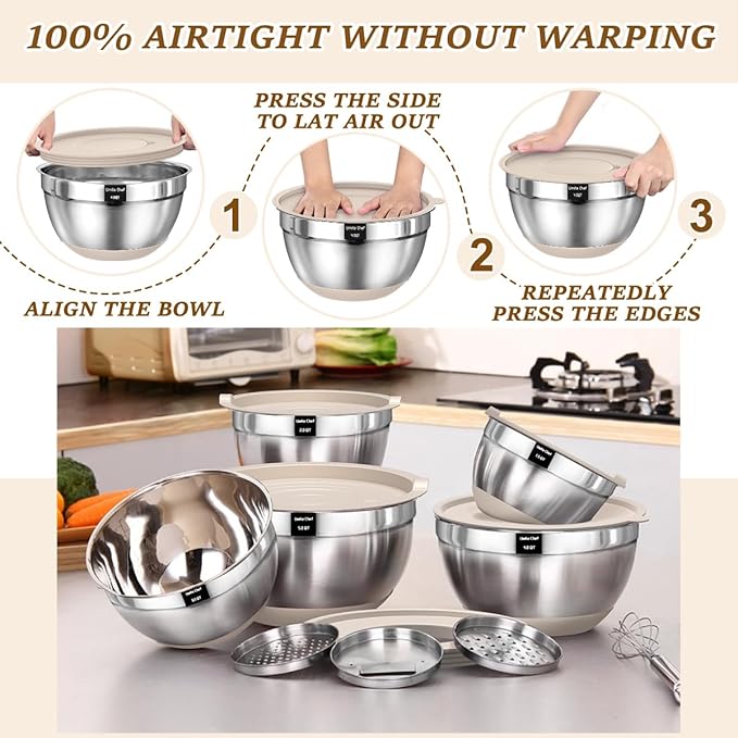 Umite Chef Mixing Bowls with Airtight Lids Set, 8PCS Stainless Steel Nesting Bowls with Grater Attachments, Non-Slip Bottoms, 5, 4, 3.5, 2, 1.5QT for Mixing & Serving